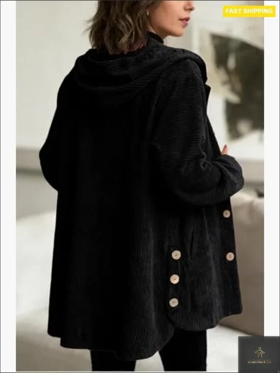 Corduroy Hooded Trench Coat Loose Fit Vintage Chic Casual Outerwear Jacket - Picture 5 of 7